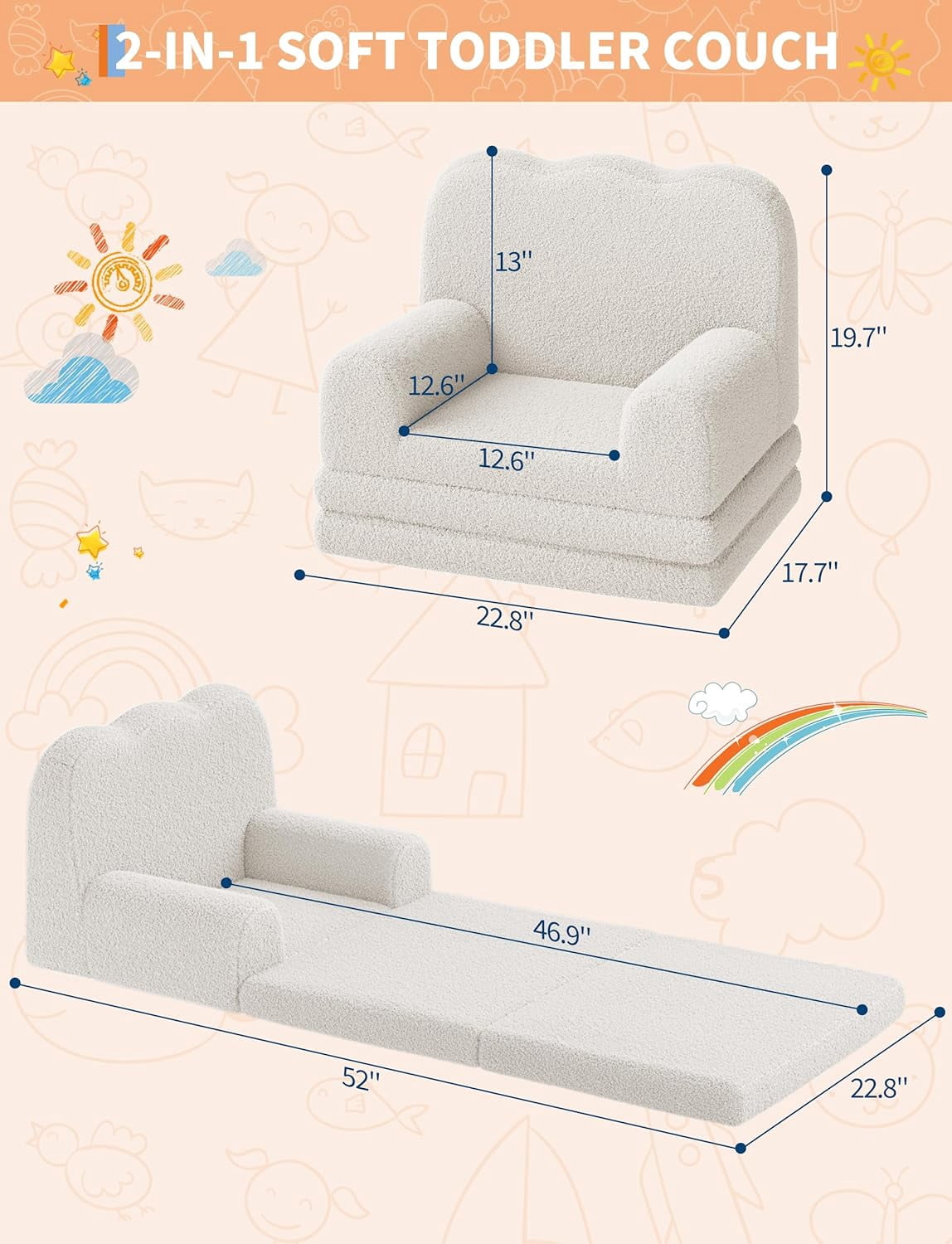 2-in-1 Convertible Kids Couch - Soft Teddy Fleece Toddler Sofa Chair and Fold Out Lounger, White