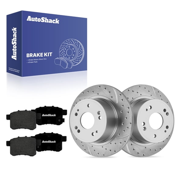 AutoShack Rear Solid Drilled & Slotted Silver Zinc Coated Brake Rotors   Premium Ceramic Pads 6-PC Brake Kit Replacement for 2008-2017 Honda Accord 2009-2014 Acura TSX SilverShield Pro 11.1" (282 mm)