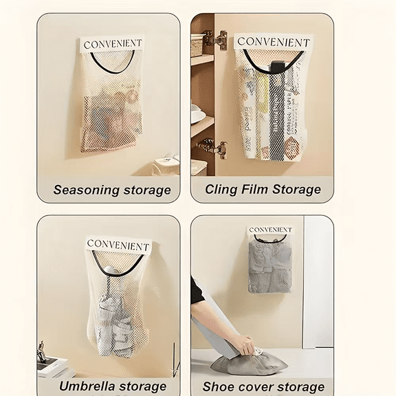Wall Mounted Mesh Storage Bag, Multipurpose Hanging Organizer with Wide Elastic Opening for Cling Film, Umbrellas, Shoe Covers and Household Essentials
