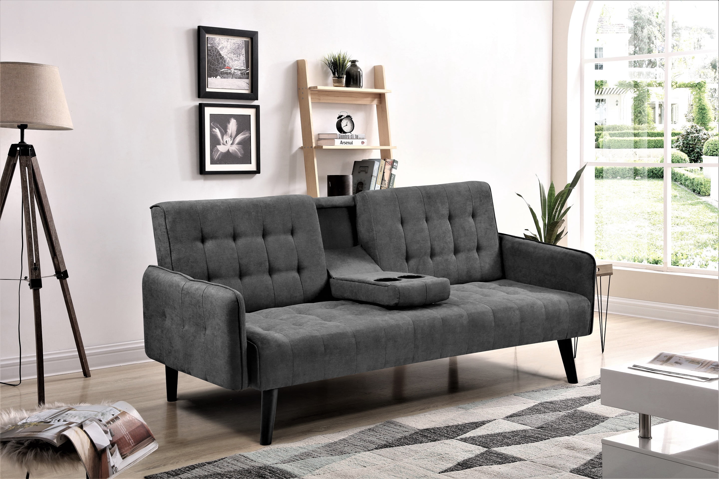 Gewnee 72" Sleeper Sofa Bed, Convertible Linen Futon Couch with Folding Backrest with Cup Holder,Modern Couch for Home and Guest Room，Dark Gray