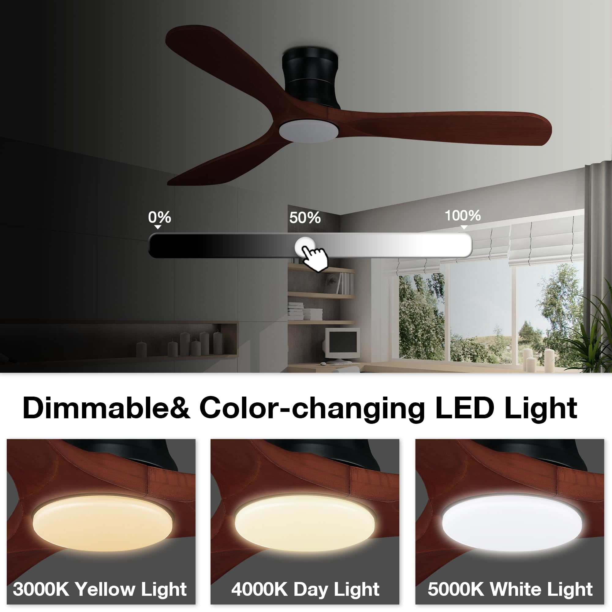 52” Smart Wood Flush Mount Ceiling Fans with Lights Remote,Quiet DC Motor,Outdoor Indoor Low Profile Ceiling Fan,Voice WIFI Alexa App Control,Dimmable,6-speed,for Modern Bedroom Patio