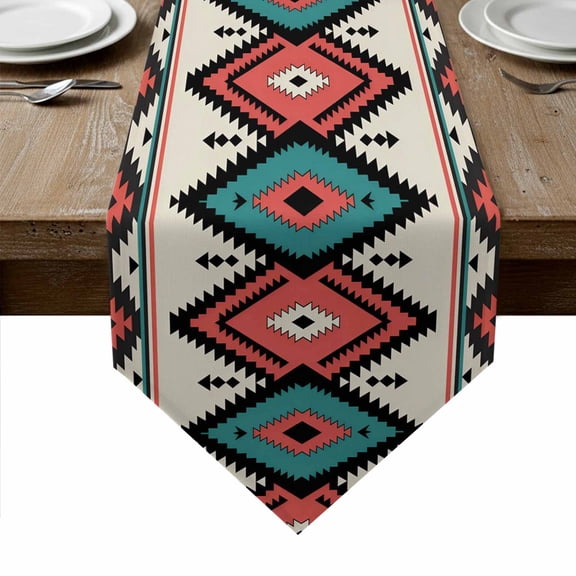 Aztec Southwest Table Runner Linen Burlap Table Runner 72 Inches Long Geometric Red Blue Tribes Retro Dresser Scarves for Kitchen Island Coffee Dining Room Party Wedding Holiday Decoration 16"x72"