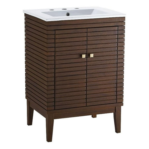 Modway Ledger 24.5" Modern Solid Mindi Wood Bathroom Vanity in Walnut/White