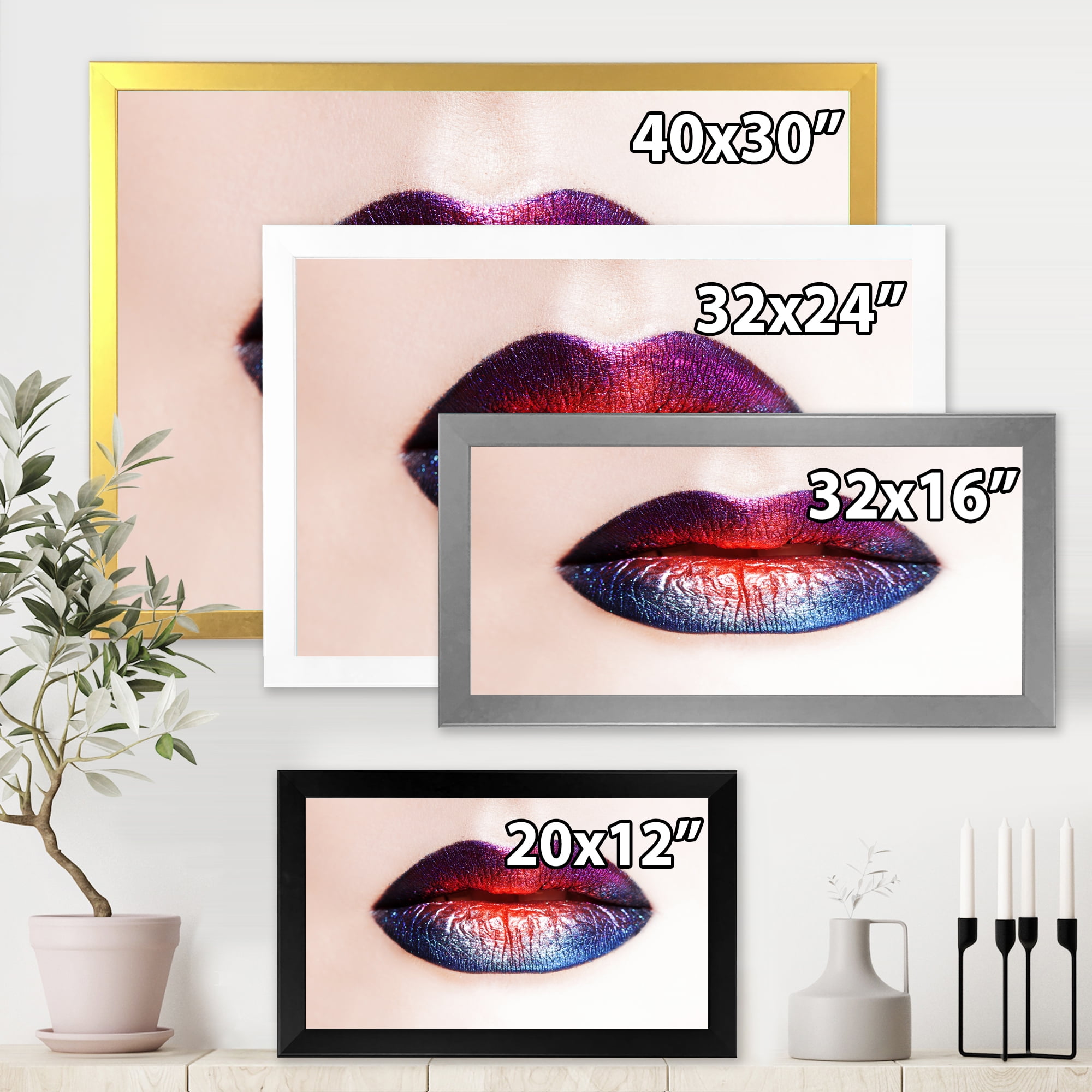 Designart 'Female Lips With Bright Multicolored Lipstick' Modern Framed Art Print