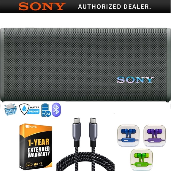 Sony SRSULT30/H ULT Field 3 Wireless Portable Bluetooth Speaker, Forest Gray Bundle w/ 1 Year Protection Pack   Deco Essentials 6 Ft Braided USB-C to USB-C Cable   Mizco Travelocity In-Ear Headphone