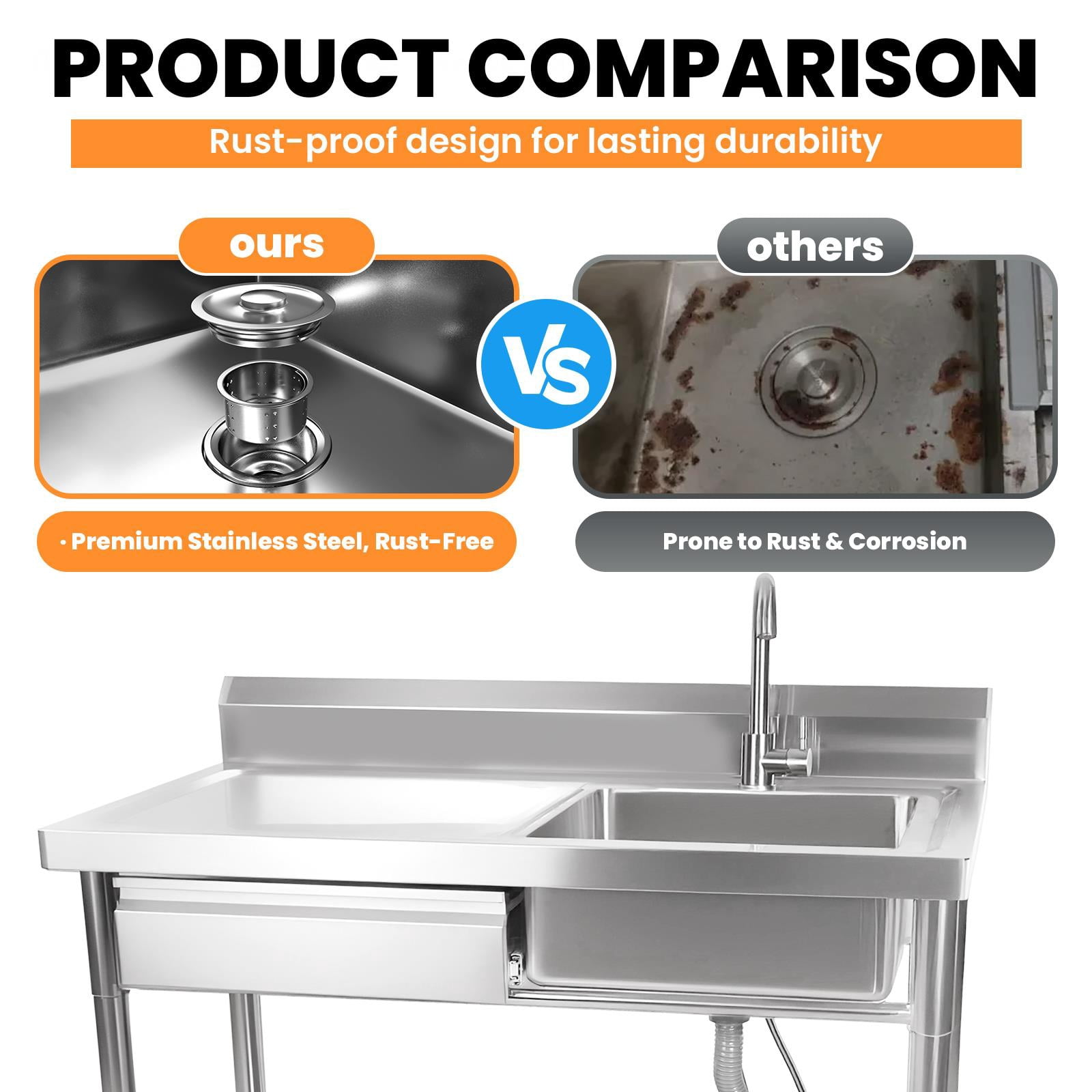 1-Drawer Free Standing Utility Sink,Stainless Steel Commercial Sink With Single Bowl,Cold And Hot Water Pipes And Workbench,Kitchen Sink For Laundry Or Farmhouse,Silver
