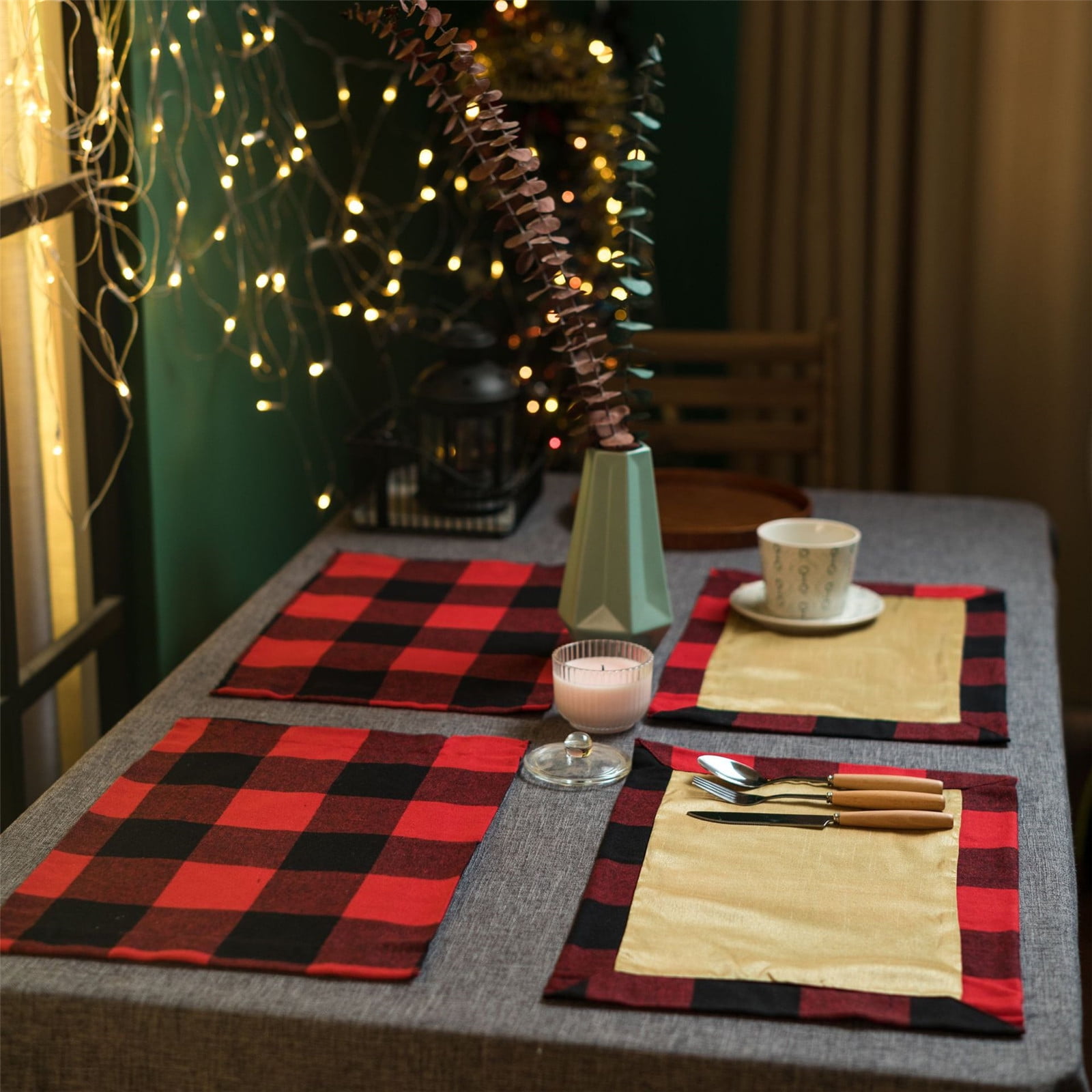 Clean Table Mats for Table Decorations EPSLT Cotton & Burlap Buffalo Check Placemats Red and Black Christmas Placemats Set of 6 Waterproof and Easy 