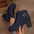 thumbnail image 6 of FRSASU Women's Lace‑Up Buckle Strap Block Heel Ankle Booties, Side Zipper Scalloped Lug Sole Faux Leather Short Boots Blue, 6 of 9