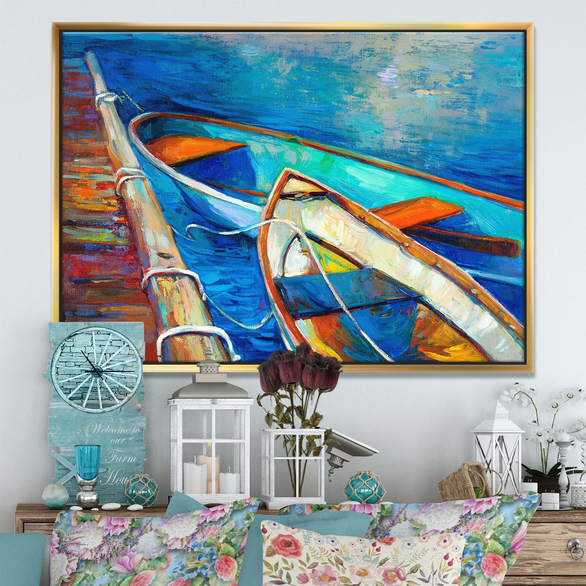 Designart ' Boats and Pier in Blue Shade ' Seascape Framed Canvas Art Print
