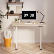 FitStand Electric Height Adjustable Standing Desk, 40x24 One-Piece Desktop Sit Stand up Desk with 176 lbs Load, 4 Memory Heights & 2 Hooks for Home Office, Light Brown