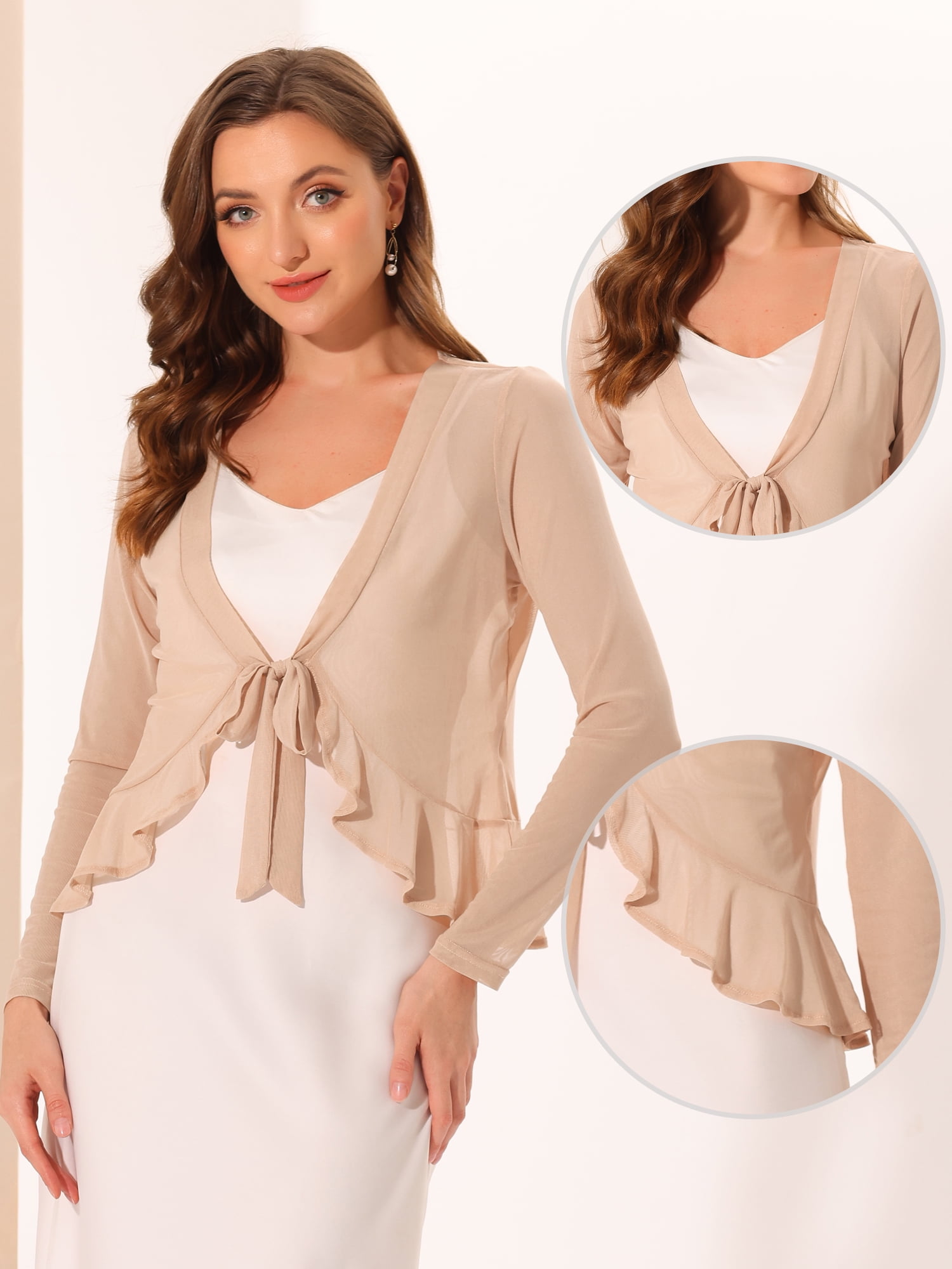 DARING DIVA Women's Ruffle Mesh Shrug Long Sleeves Self Tie Casual Bolero Cardigan M Khaki