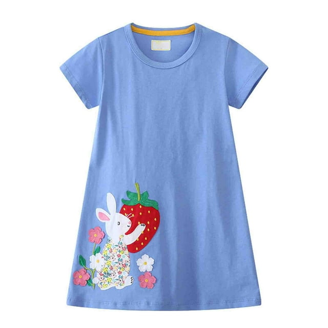 MEZZALL Robe d'Été en Coton à Manches Courtes pour Filles Tout-Petits, Imprimé Dessin Animé, Robe Décontractée, 5-6 Ans