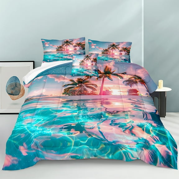 Ocean Beach Comforter Set Palm Tree Tropical Bedding 4 Pcs Pink Sunset Blue Coastal Romantic Natural Comforter Hawaii Beach Bedroom Decor