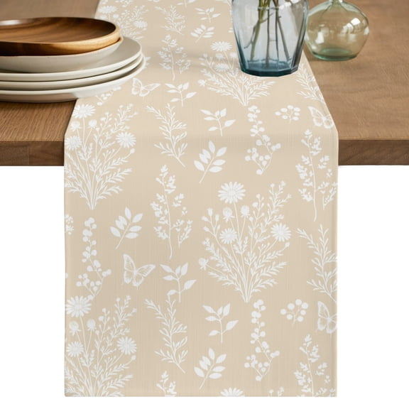 Cream Botanical Short Table Runner 48 Inches Long, Spring Summer Chic Wildflowers Cotton Linen Table Runners Dresser Scarves, Fabric Tabletop Scarf Furniture Cover for Home Dinner Party Decor 13"x48"