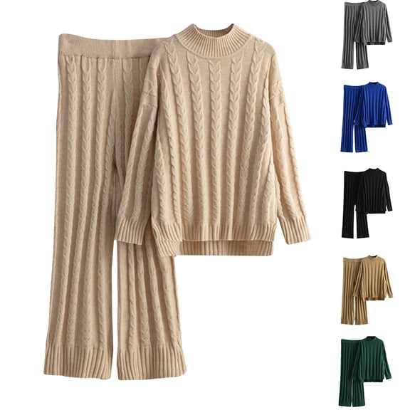 Bixock Women Fall and Winter Outfit Set,Women Two-piece Set,Women Fall and Winter Outfit Set Turtleneck Long Knit Top and Wide Leg Pants Cozy Set