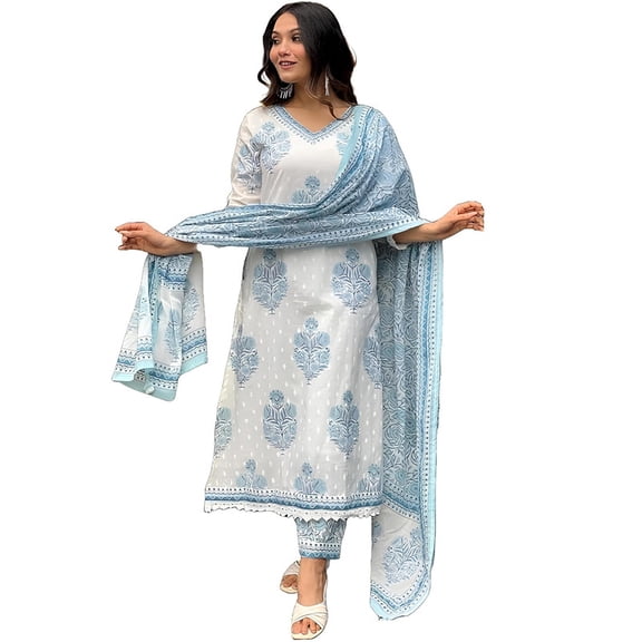 Nermosa Women Cotton Block Printed Kurta Pant With Dupatta - Indian Ethnic Traditional Wear Kurta Set
