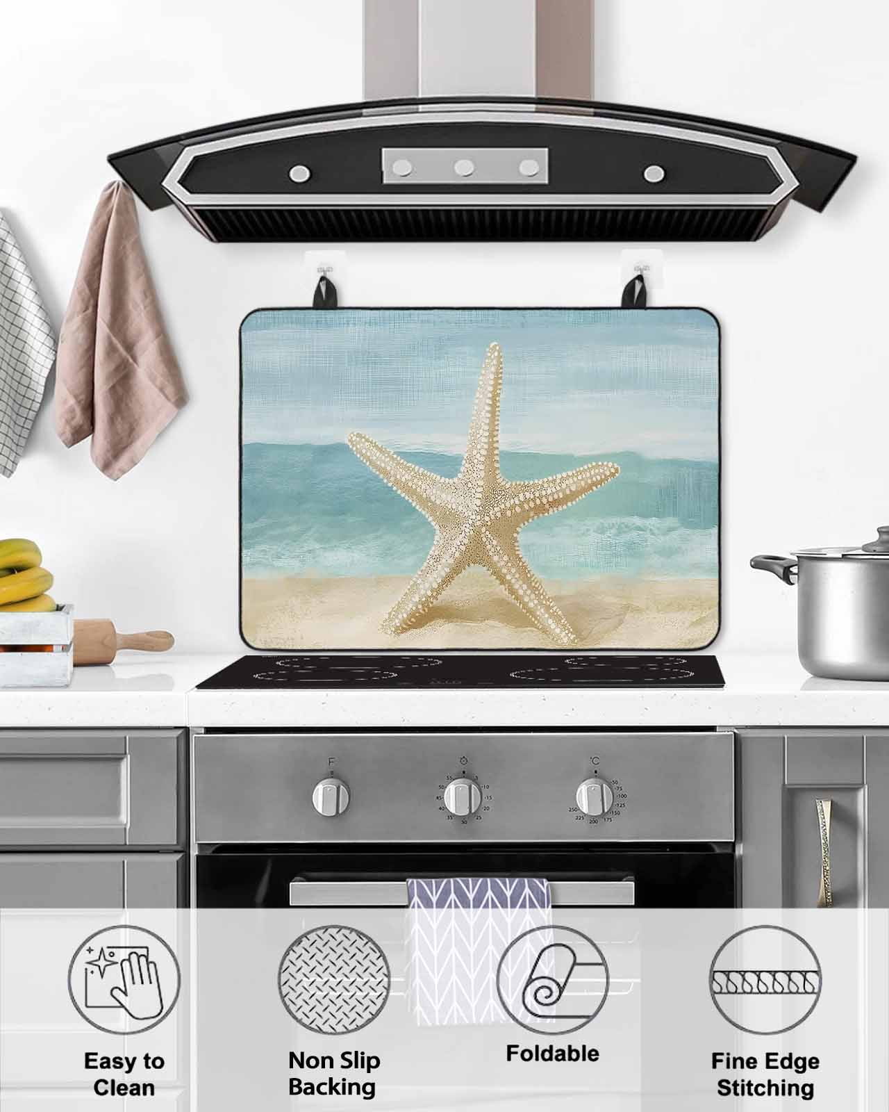 nqOlkjepod Large Induction Cooktop Protector Mat 24"x21", Vintage Coastal Beach Stove Top Covers for Electric Stove, Summer Retro Sand Starfish Stove Burner Cover Mats, Glass Top Stove Cover