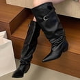 thumbnail image 2 of hopeusnice Women Knee High Slouchy Boots With Single Buckle Strap Pointed Toe Chunky Heel For Fashionable Evening Looks Black 35, 2 of 8