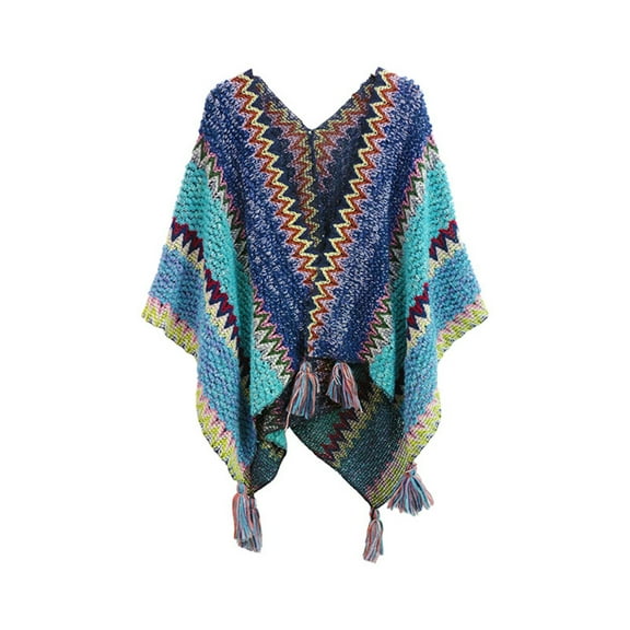 yuCgh Women's Ethnic Retro Sassel Head Cape, Thick Color Striped Shawl Scarf, Winter Warm Cape Scarf, Bohemian Fashion Scarf, Oversized Knitted Scarf,Blue
