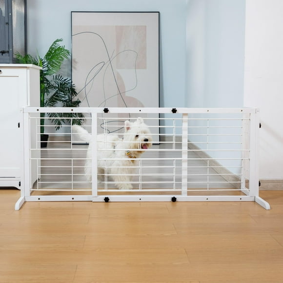 COZIWOW Dog Gate Indoor, 71 Inches Wooden Adjustable Pet Gate for Doorways No Drilling Required, Extra Wide Sliding Puppy Gate for Stairs, Ideal for Indoor Use to Deter Dogs/Pets-White