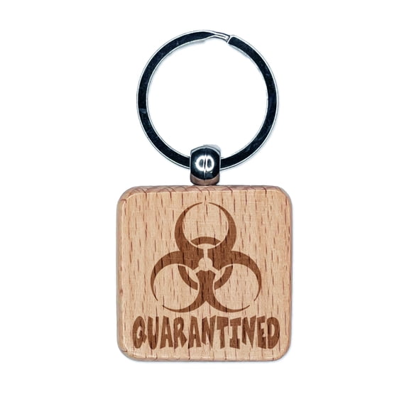 Quarantined Biohazard Symbol Square Keychain Charm Tag - Engraved Wood