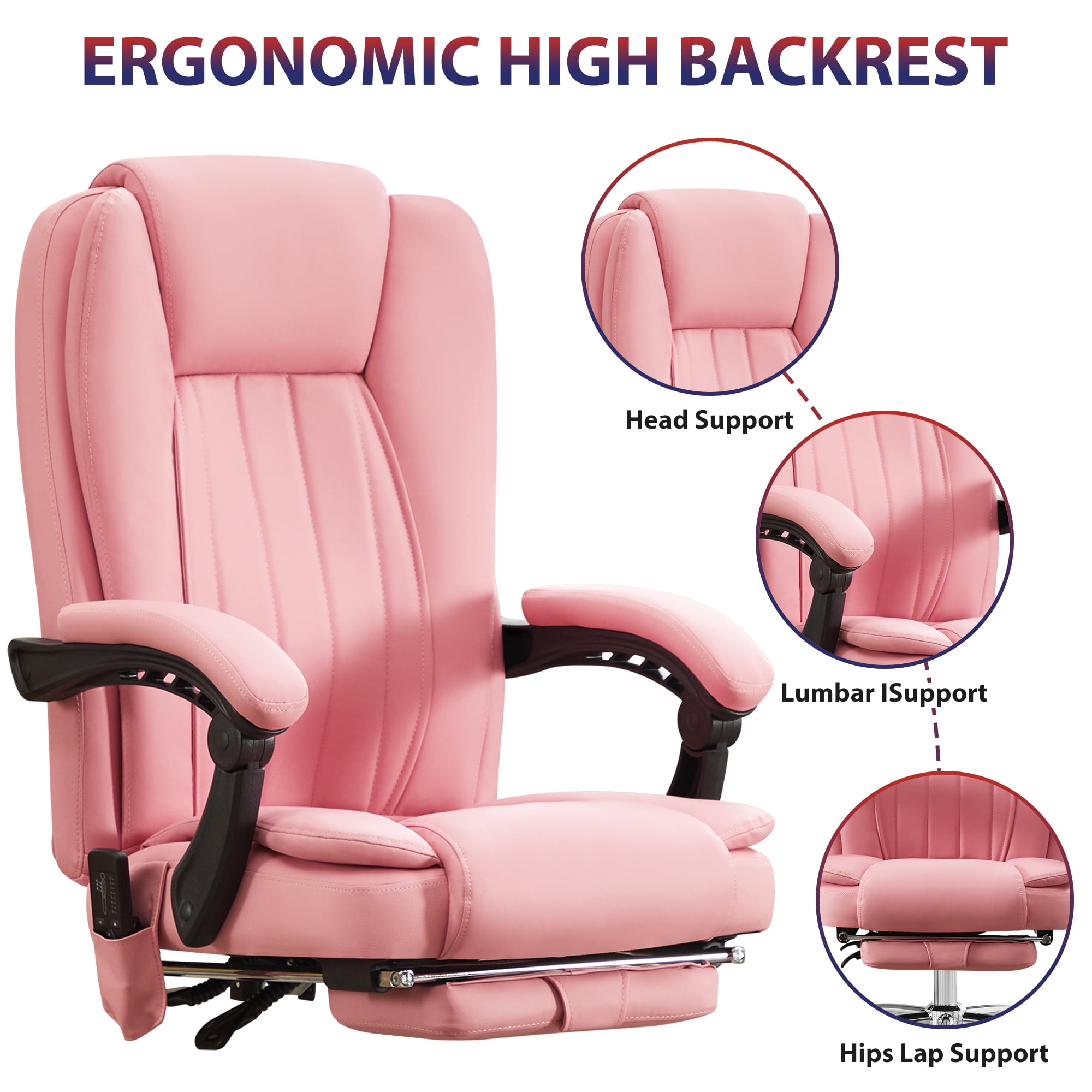 JONPONY Big and Tall Office Chair 500LBS Executive Office Chair Massage and Footrest Ergonomic Computer Desk Chair Reclining High Back Leather Office Chair Lumbar Back Support Swivel Rolling,Pink