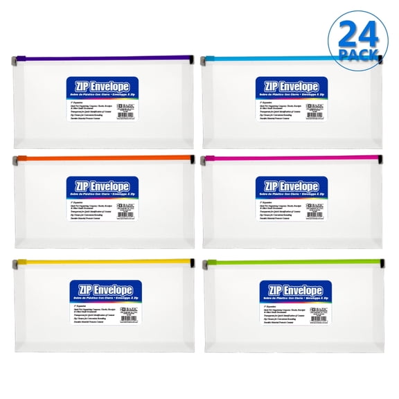 BAZIC Plastic Envelope Poly Envelopes, Letter Size Clear Folder Zip Closure, 24-Pack