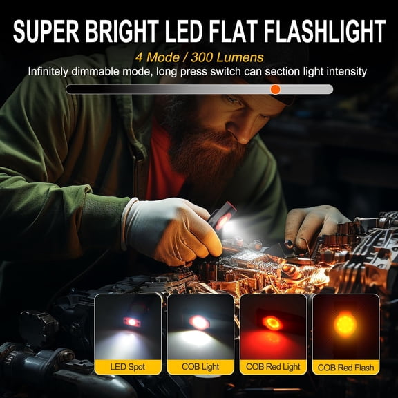 OTGFRF-EDC Flat Flashlight, 300 Lumen Rechargeable Magnetic Compact Pocket Light with Clip, 4-Mode Dual-Light LED Flashlight for Outdoor, Work, Emergency Gear S2