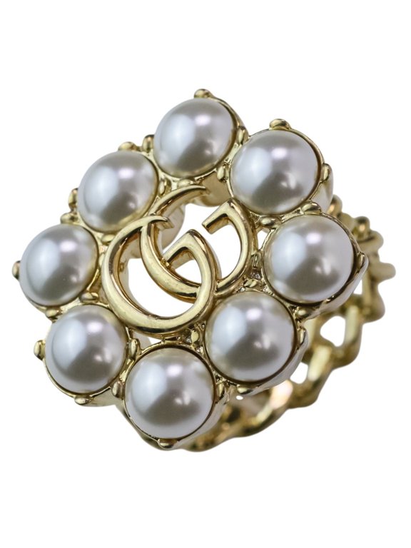 Pre-Owned GUCCI Double G Flower Pearl Ring, Size 1, Gold Color, Women's