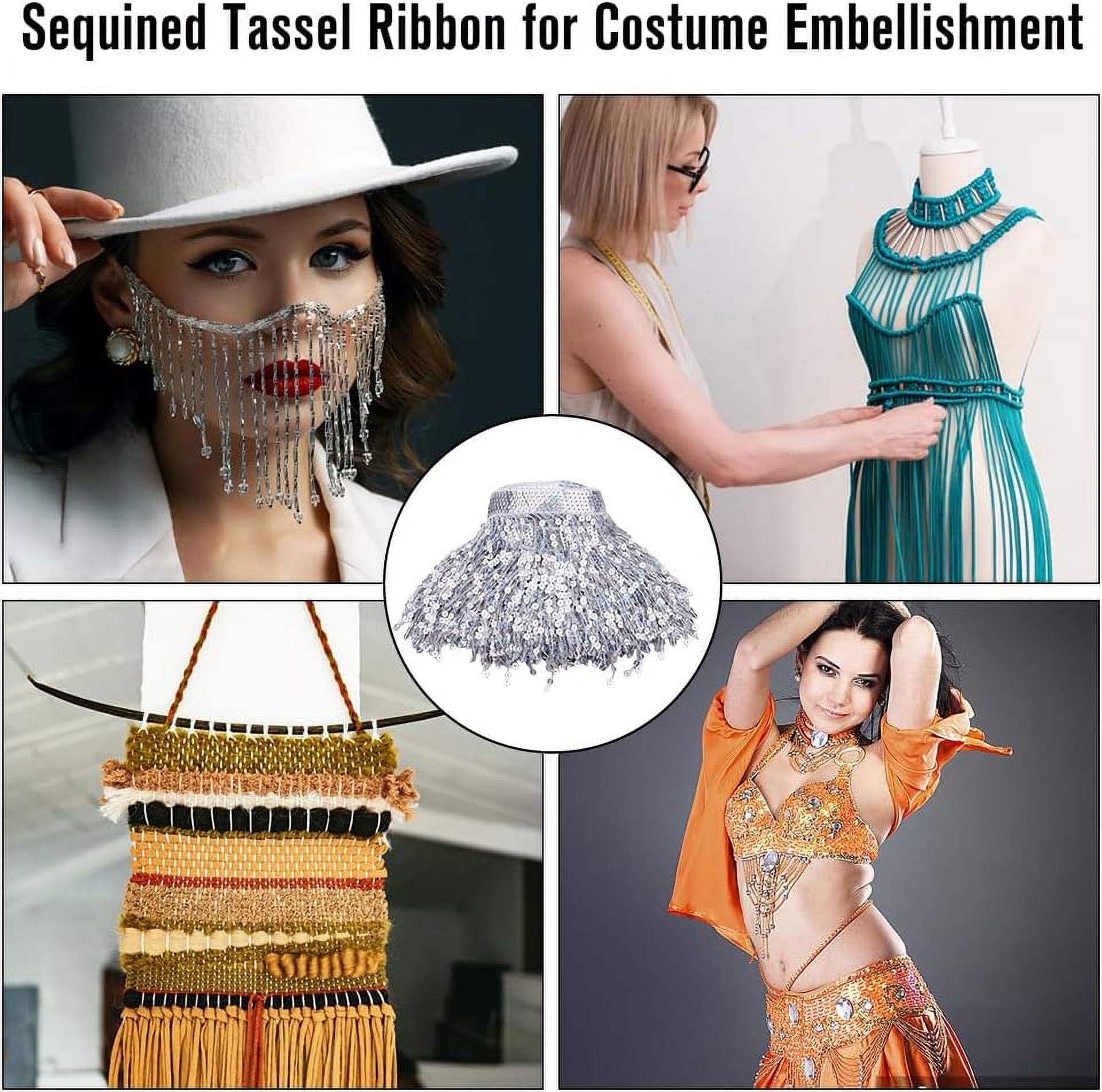 10.94 Yards Sequins Tassel Ribbon Trim 17cm/6.69inch Wide Sequins Fringe Trim Paillette Lace Trim Bling Sewing Fringe Trim Silver Sparkle Tassel Lace Ribbon for Sewing Craft Home Party Silver