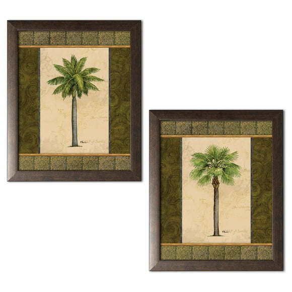 2 East Indies Palm Tree Art Prints Tropical Home Decor 8x10; Two 8x10 in Brown Framed Prints, Ready to Hang! Green/Brown