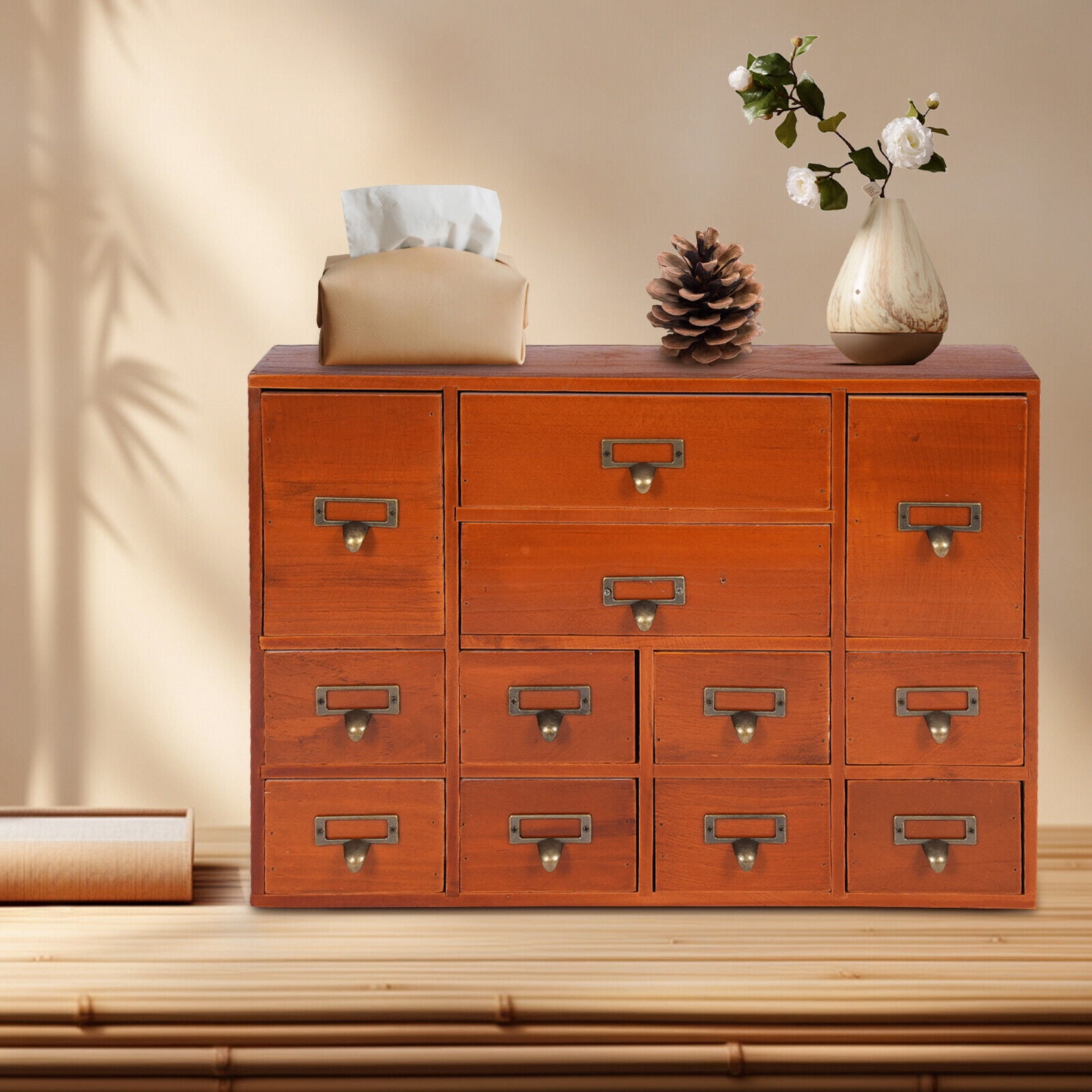 Wooden Desktop Organizer 12 Drawers, Large Wood Storage Drawer Unit for Desk Accessories, Office Supplies, Makeup, Jewelry, Craft Cabinet with Metal Handles & Label Slots - No Assembly Required