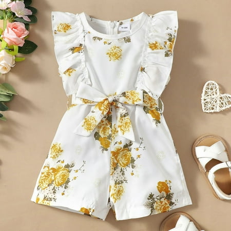 ZHOGXU Kids Toddler Girls Romper Flower Printed Flying Sleeve Round Neck Ruffles Comfortable Breathable Jumpsuit For Casual Daily Wear Yellow 12-18 Months