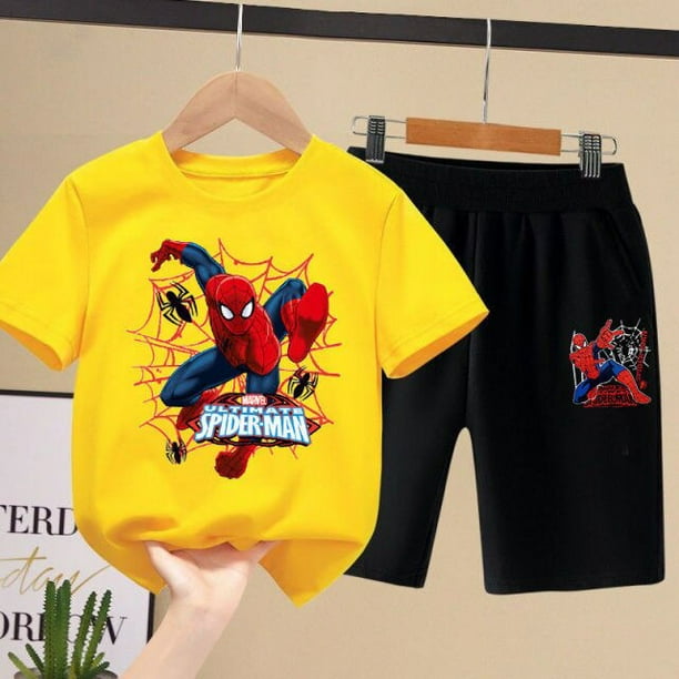 Ropa deportiva de Marvel Spiderman para niño y niña, camiseta de algodón de manga corta, conjunto de 2 uds para bebé, ropa para niños, trajes de bebé, conjunto informal 120 Gao Jinjia LED