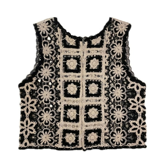 Women Crochet Knit Vest Waistcoat Vintage Colorful Floral Pattern Sleeveless Cardigan for Jacket