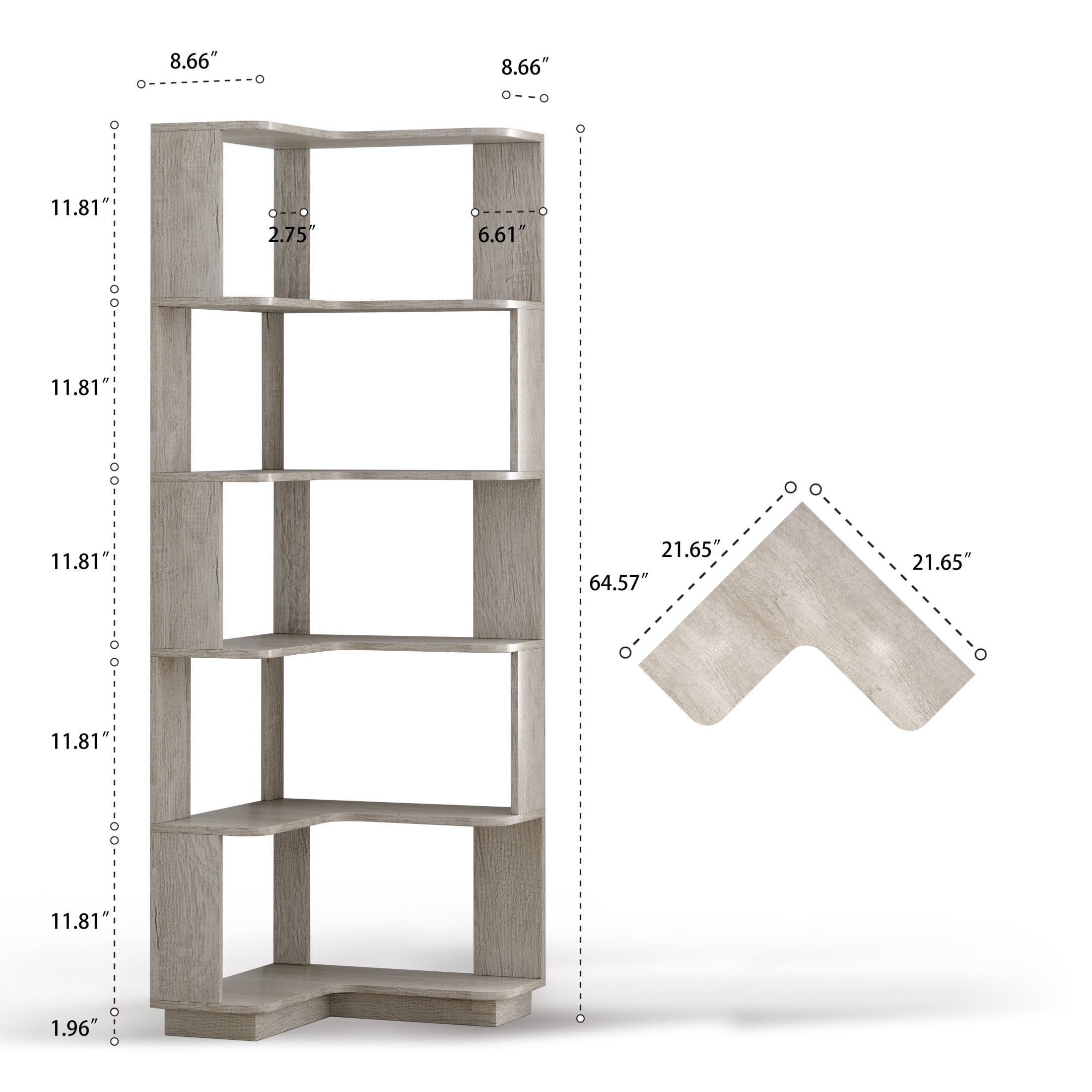 Noble House Vayen 65" L-Shaped Corner Bookshelf, 6-Tier Anti-Drop Wooden Bookcase, Open Storage Rack, Light Gray
