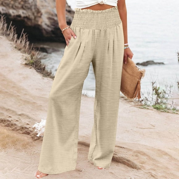 Women's Summer Casual Pants - Women Casual Cotton Linen Drawstring Elastic Waist Long Wide Leg Pants Beige Xxl