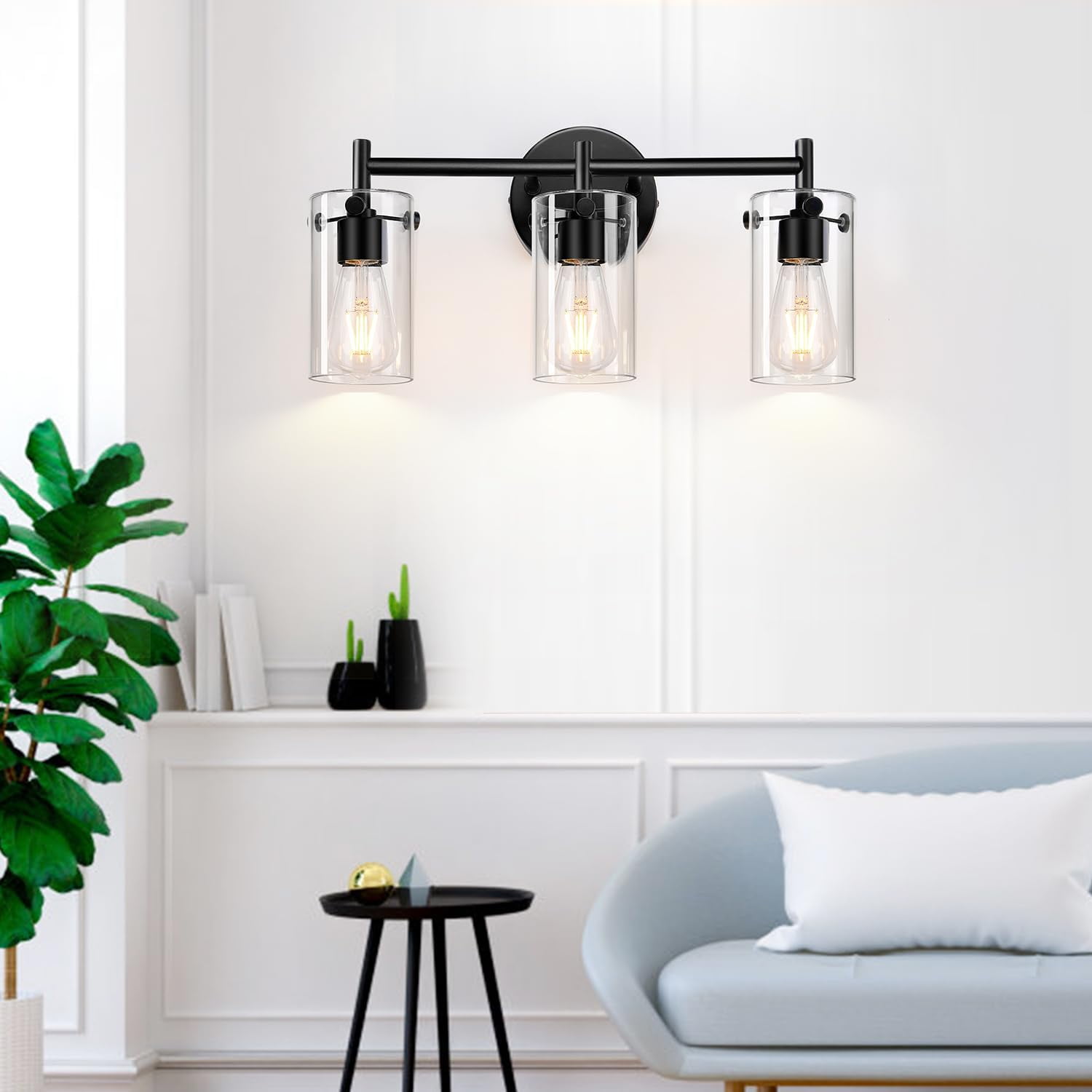 Binsuca Bathroom Light Fixtures, 3-Light Matte Black Bathroom Vanity Light, Black Bathroom Lights Over Mirror with Clear Glass Shade, Bathroom Wall Sconces for Mirror Bedroom Living Room Hallway