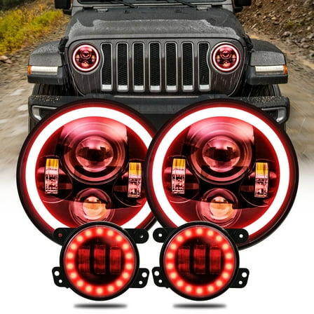 Pair 7" RGB LED Headlights Halo DRL Pair 4" Foglights Red