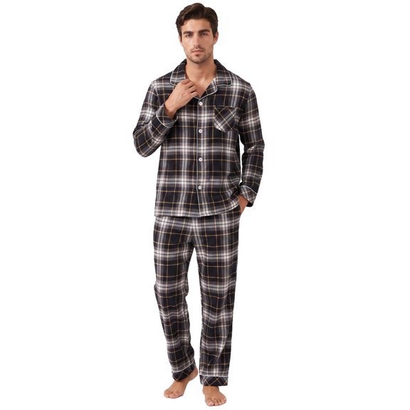U2SKIIN Men's 100% Cotton Flannel Pajama Sets, Soft Plaid PJS Long Sleeve Sleepwear 2 Piece Button Down Lounge Set(Black- Yellow Plaid,Large)
