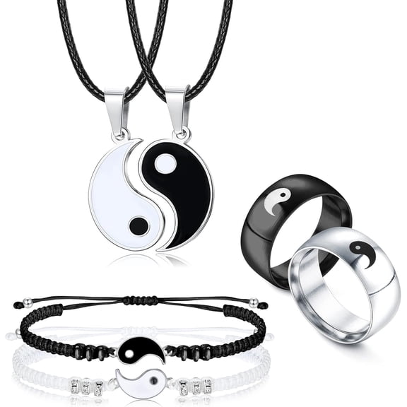 6 Pieces Matching Yin Yang Necklace Bracelets Rings Set Couple Necklace Bracelet Rings for Him and Her Matching Yin Yang Necklace Boyfriend Girlfriend Friendship Valentine's Day Jewelry Gift[m136]