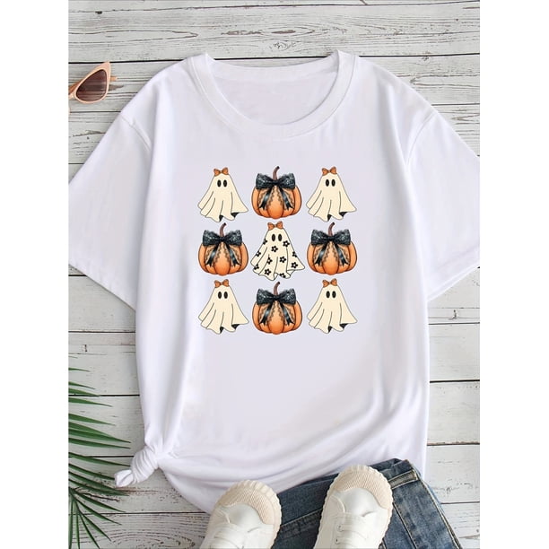 Women's Halloween Graphic T-Shirt - Cute & Pumpkin Print Short Sleeve Round Neck Casual Tee, Machine Washable, Seasonal Fashion, Festive apparel, Playful Design, Comfortable Fit, Durable Fabric