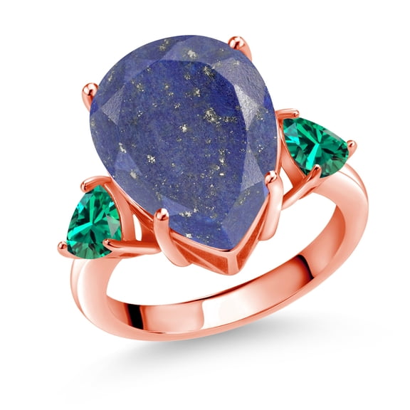 Gem Stone King 7.94 Ct Pear Shape Blue Lapis Green Nano Emerald 18K Rose Gold Plated Silver Ring (Size 9)