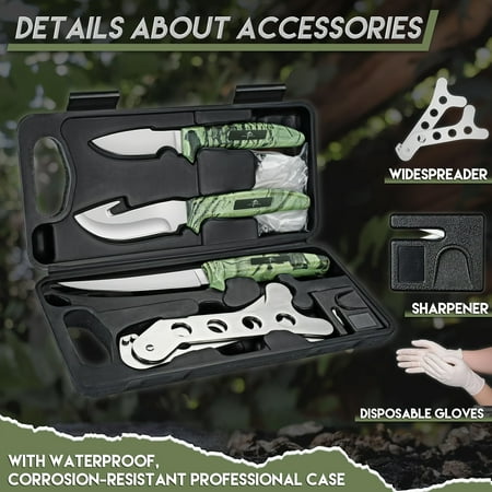 Stainless Steel Knife Set - Butcher Game Processor Set Essential Field Gear Dressing Kit with Gut Hook Skinner Knife Spreader Gloves Deer Skinning Knife