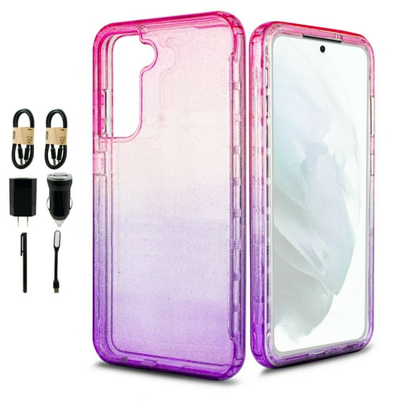 Value Pack ! for Samsung Galaxy S21 FE Glitter Bling Full Body Built In Screen Protector Phone Case PU Shock Bumper Scratch Guard Skin Wrap Slim Cover