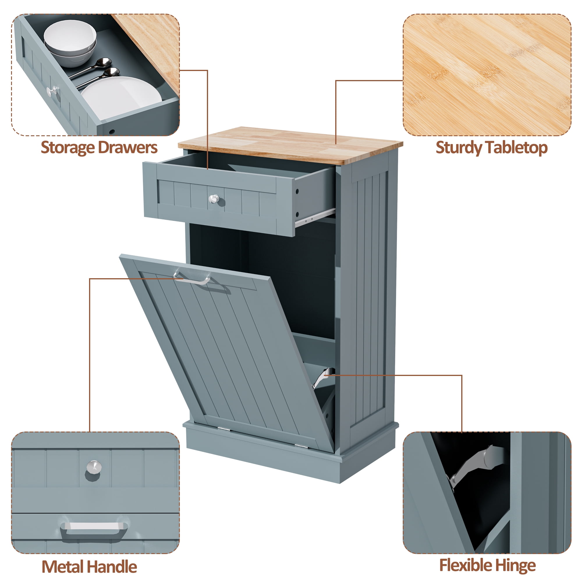 AHB 13 Gallon Single Tilt Out Trash Cabinet with Drawer, Freestanding Kitchen Trash Can Storage Organizer, 20.9"L x 13.55"W x 38.5"H, Blue