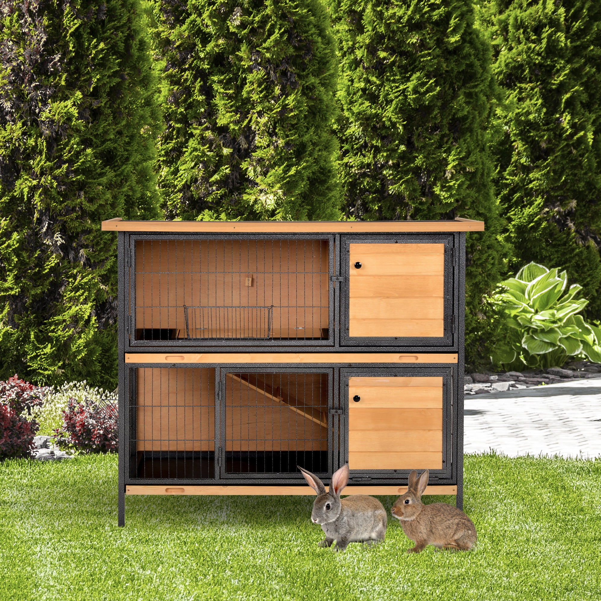 48" 2-Story Large Rabbit Hutch Bunny Cage Wooden Pet House Metal Frame with Individual Room, Ramp, No Leak Tray, Feeding Trough, Waterproof Asphalt Roof for Outdoor/Indoor