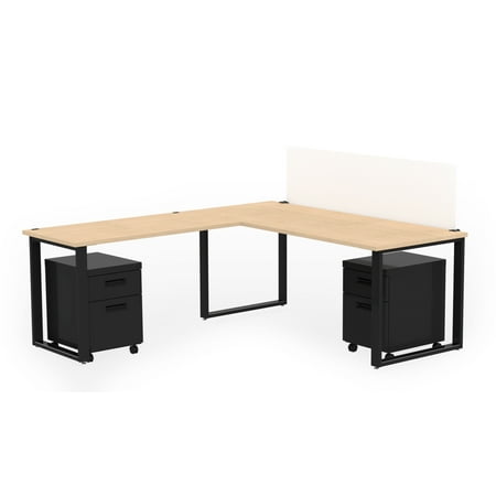 72” X 30” Desk with 48” X 24”, Return, Privacy Screen, and 2 Mobile Pedestals, Kensington Maple Laminate / Black Finish