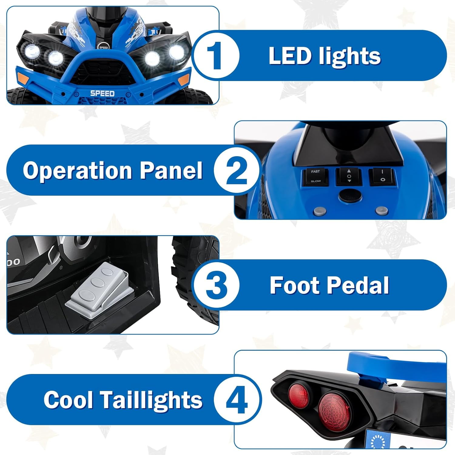 OLAKIDS Kids Ride on ATV, 12V 4 Wheeler Quad Toy Vehicle with Music, Horn, High Low Speeds, LED Lights, Electric Ride On Toy, Battery Powered Wheels Car for Children 3-8 Years Old