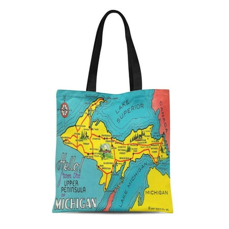 Midwest Tote - ASHLEIGH Canvas Tote Bag Colorful Midwest Vintage Upper Peninsula Michigan United States Map Reusable Handbag Shoulder Grocery Shopping Bags